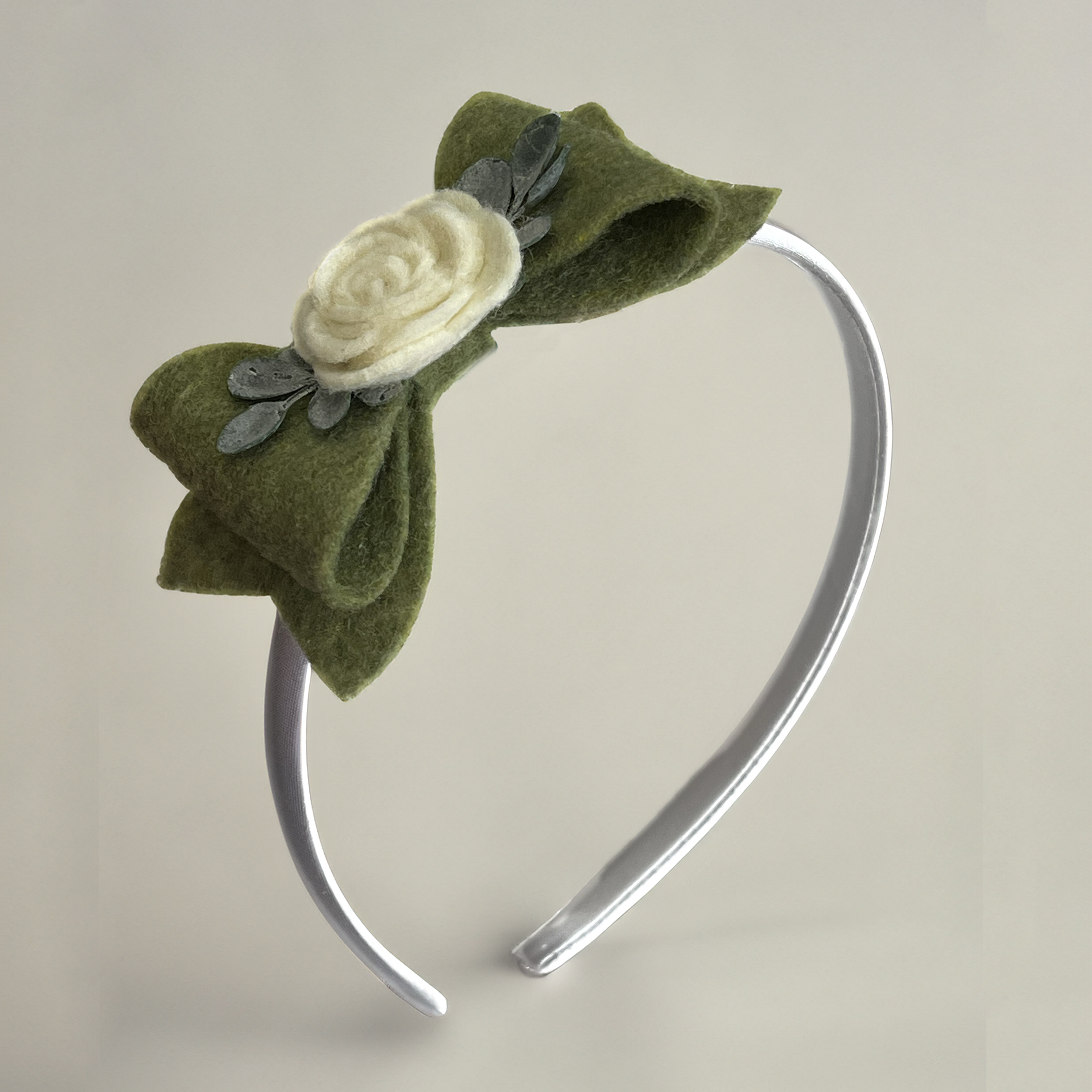 Olive green felt bow with ivory rose headband newborn headband cliip