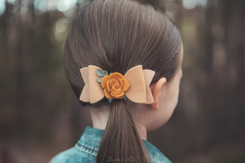 Tan Felt Bow Gold Flower Newborn headband clip hair accessory