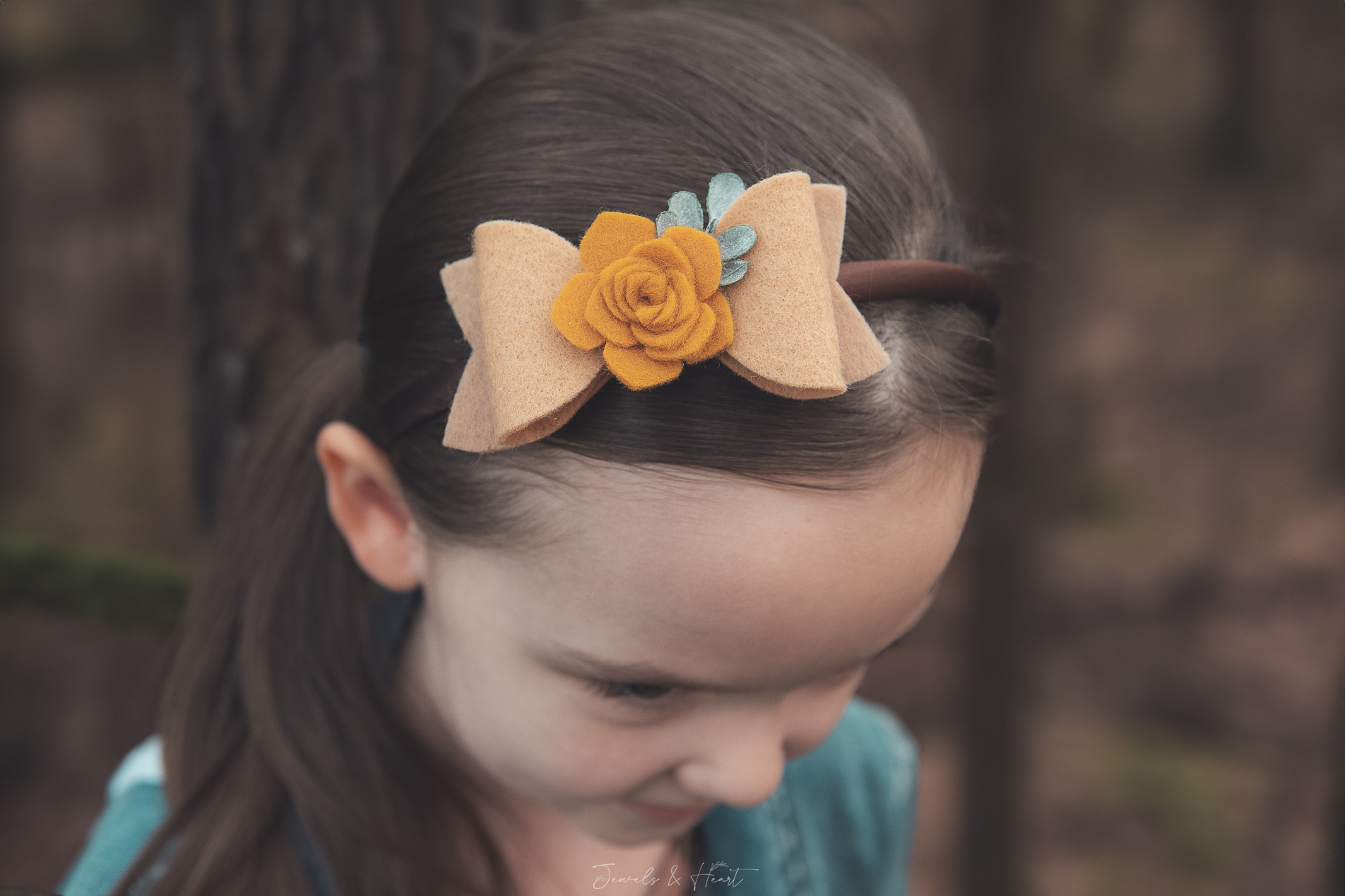 Tan Felt Bow Gold Flower Newborn headband clip hair accessory