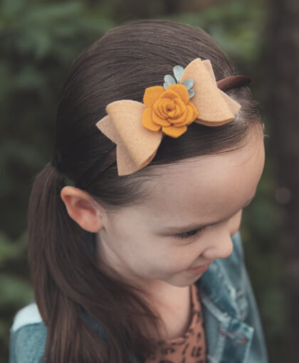 Tan Felt Bow Gold Flower Newborn headband clip hair accessory