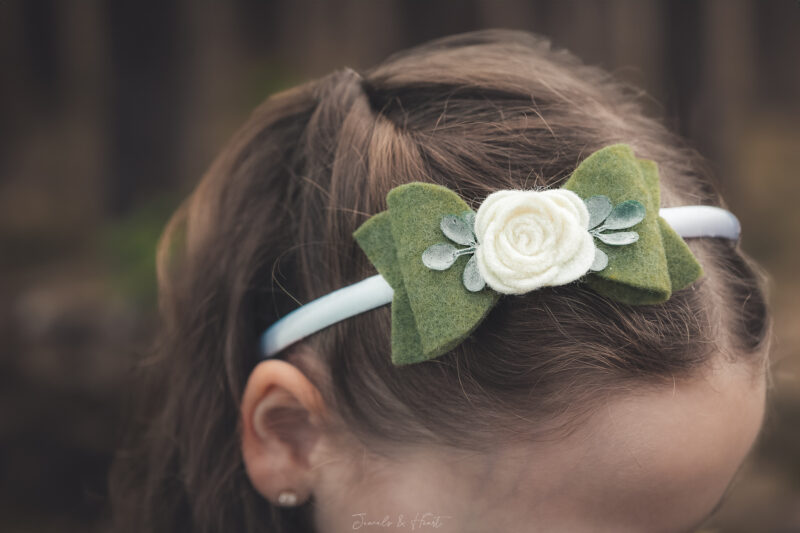 Olive green felt bow with ivory rose headband newborn headband cliip