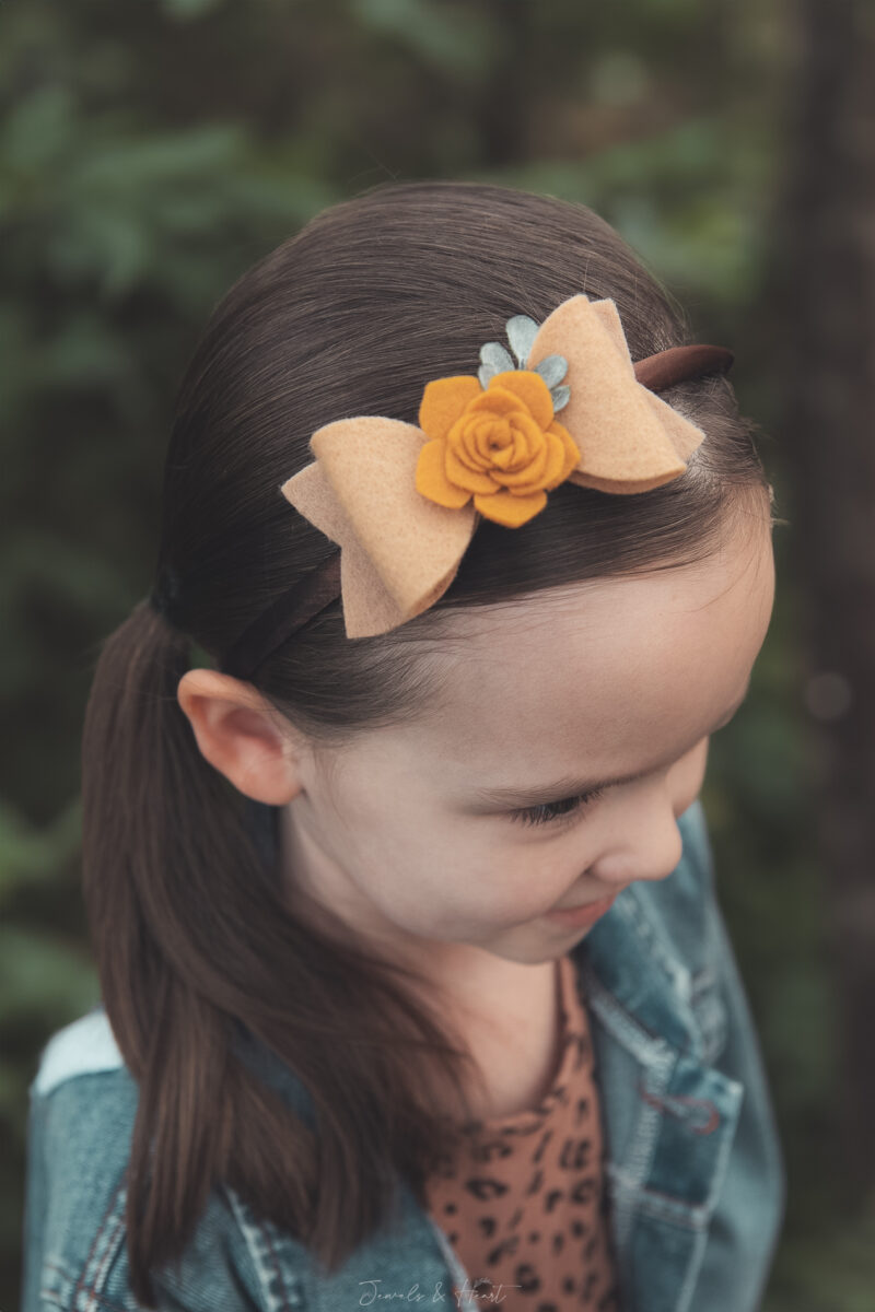 Tan Felt Bow Gold Flower Newborn headband clip hair accessory