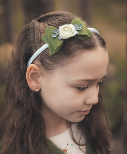 Olive green felt bow with ivory rose headband newborn headband cliip