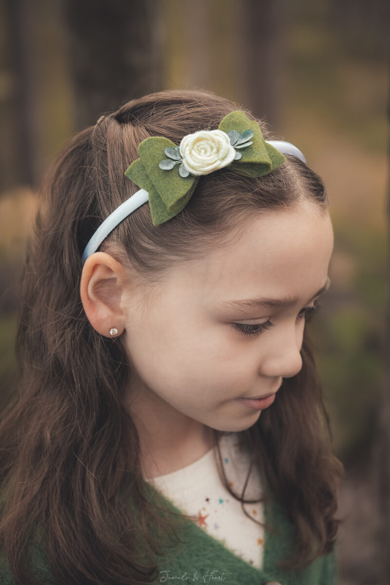 Olive green felt bow with ivory rose headband newborn headband cliip