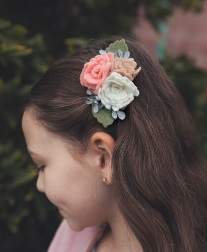 Felt flower hair clip pink white tan beige