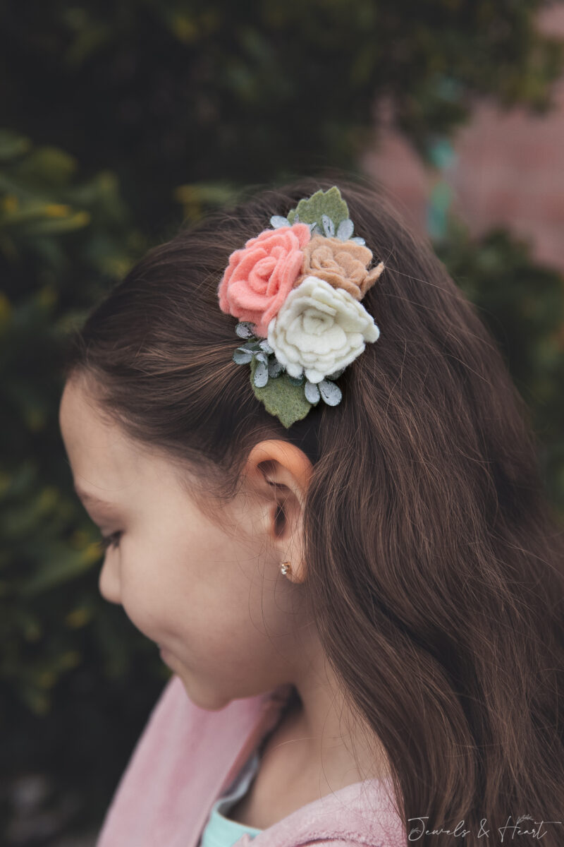 Felt flower hair clip pink white tan beige